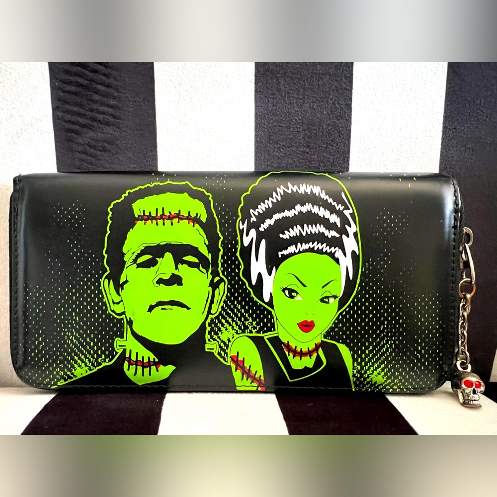 Banned Apparel Frankenstein And The Bride Wallet, Black With Skull Charm Zipper
